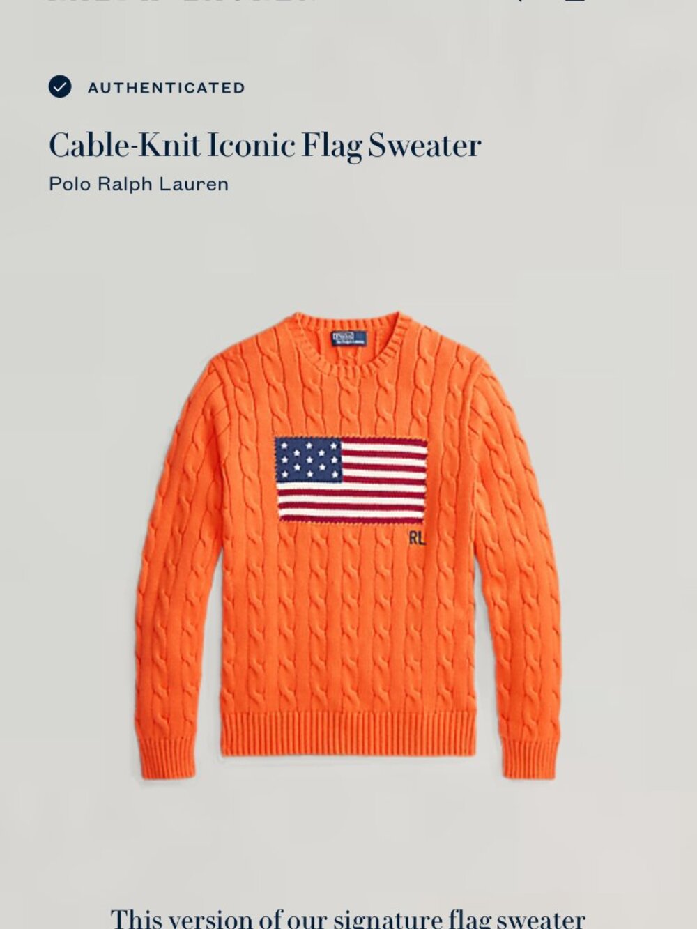 Polo Ralph Lauren Men' s Iconic Flag Sweater Sz L/G New With Tags Orange Cable